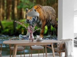Discount Tijger op een rivier fotobehang Dieren