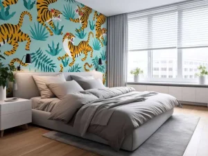 Outlet Tijger print met een blauwe achtergrond fotobehang Tienerkamer | Kinderkamer