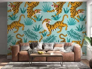 Outlet Tijger print met een blauwe achtergrond fotobehang Tienerkamer | Kinderkamer