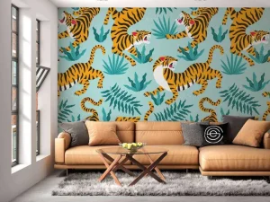 Outlet Tijger print met een blauwe achtergrond fotobehang Tienerkamer | Kinderkamer