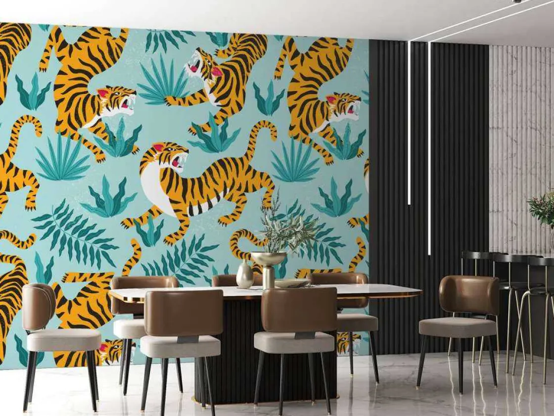 tijger_print_met_een_blau_3.webp Outlet Tijger print met een blauwe achtergrond fotobehang Tienerkamer | Kinderkamer