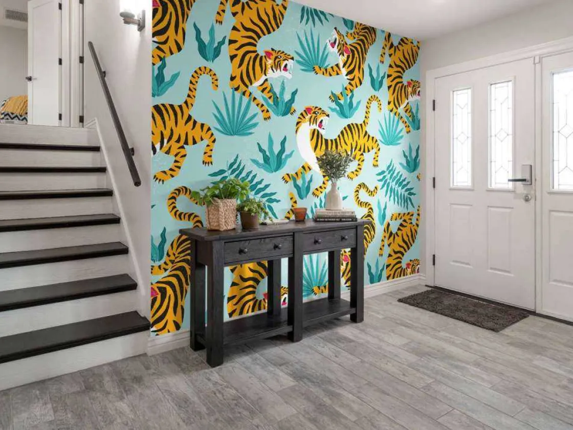 tijger_print_met_een_blau_4.webp Outlet Tijger print met een blauwe achtergrond fotobehang Tienerkamer | Kinderkamer