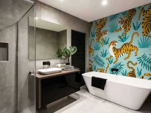 Outlet Tijger print met een blauwe achtergrond fotobehang Tienerkamer | Kinderkamer