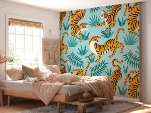 Outlet Tijger print met een blauwe achtergrond fotobehang Tienerkamer | Kinderkamer