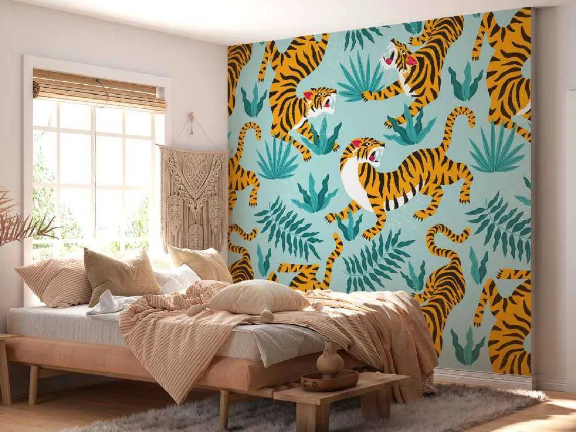 tijger_print_met_een_blau_9.webp Outlet Tijger print met een blauwe achtergrond fotobehang Tienerkamer | Kinderkamer