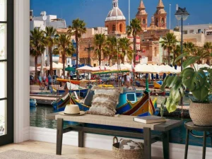Outlet Traditionele boten in de haven van Marsaxlokk, Malta fotobehang Transport | Architectuur