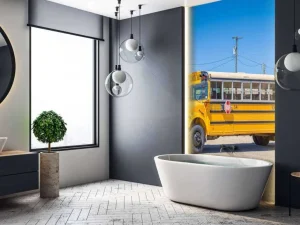 Best Traditionele gele schoolbus op een parkeerterrein fotobehang Kinderkamer | Transport