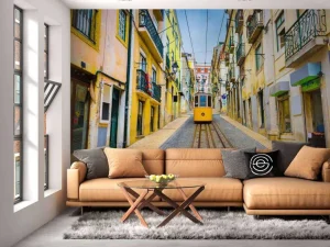 Best Tram door een straatje in Lissabon fotobehang Transport | Architectuur