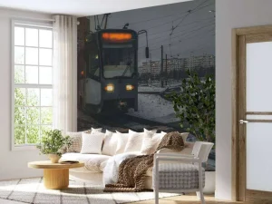 Online Tram in de winter fotobehang Transport