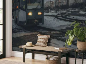 Online Tram in de winter fotobehang Transport