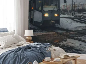 Online Tram in de winter fotobehang Transport
