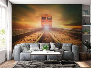 Hot Trein bij zonsondergang fotobehang Transport