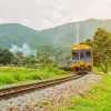 Fashion Trein door een dorpje in Thailand fotobehang Transport
