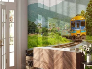 Fashion Trein door een dorpje in Thailand fotobehang Transport