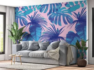 Sale Tropische bladeren met een roze achtergrond fotobehang Tienerkamer | Bloemen