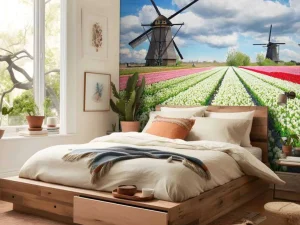 Outlet Tulpenveld onder een bewolkte hemel fotobehang Steden | Architectuur