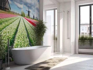 Outlet Tulpenveld onder een bewolkte hemel fotobehang Steden | Architectuur