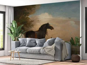 Outlet Twee paarden in de weide bij een hek fotobehang Kunst & Design | Dieren