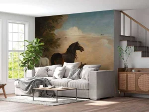 Outlet Twee paarden in de weide bij een hek fotobehang Kunst & Design | Dieren