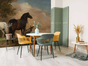 Outlet Twee paarden in de weide bij een hek fotobehang Kunst & Design | Dieren