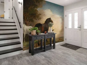 Outlet Twee paarden in de weide bij een hek fotobehang Kunst & Design | Dieren