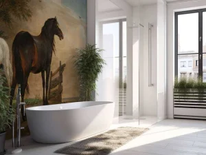 Outlet Twee paarden in de weide bij een hek fotobehang Kunst & Design | Dieren