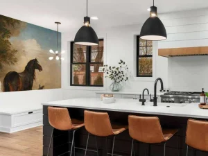 Outlet Twee paarden in de weide bij een hek fotobehang Kunst & Design | Dieren