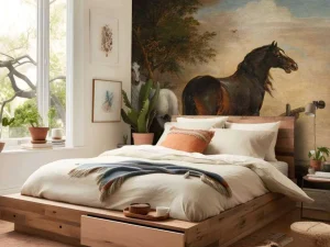 Outlet Twee paarden in de weide bij een hek fotobehang Kunst & Design | Dieren