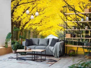Sale Twee rijen van gele ginkgobomen in de herfst fotobehang Bloemen