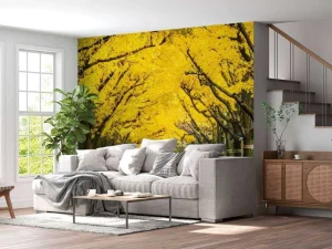 Sale Twee rijen van gele ginkgobomen in de herfst fotobehang Bloemen