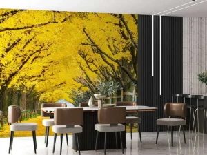 Sale Twee rijen van gele ginkgobomen in de herfst fotobehang Bloemen
