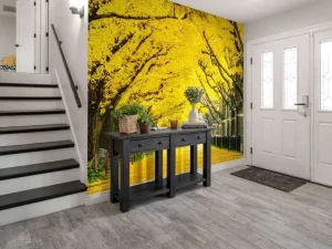 Sale Twee rijen van gele ginkgobomen in de herfst fotobehang Bloemen