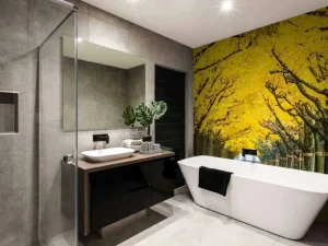 Sale Twee rijen van gele ginkgobomen in de herfst fotobehang Bloemen