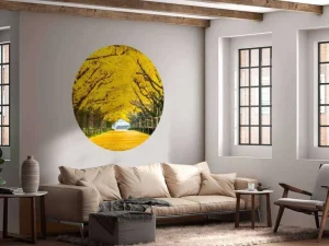 Sale Twee rijen van gele ginkgobomen in de herfst fotobehang Bloemen
