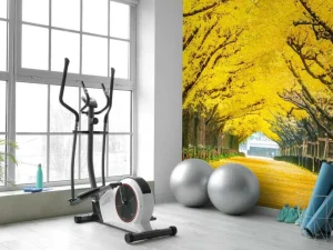 Sale Twee rijen van gele ginkgobomen in de herfst fotobehang Bloemen