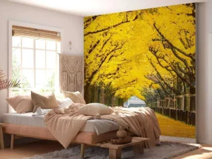 Sale Twee rijen van gele ginkgobomen in de herfst fotobehang Bloemen