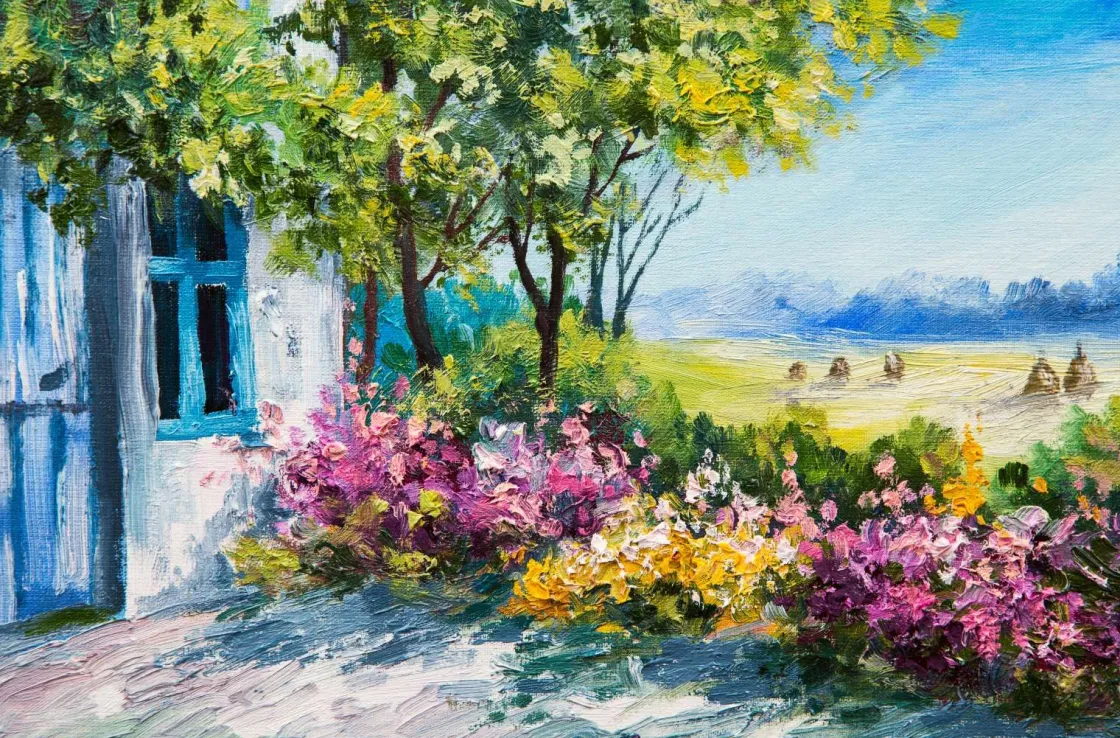 uitzicht_vanaf_een_tuin_s_0.webp Online Uitzicht vanaf een tuin schilderij fotobehang Kunst & Design