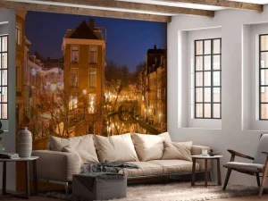 Clearance Utrechtse gracht in de avond fotobehang Architectuur