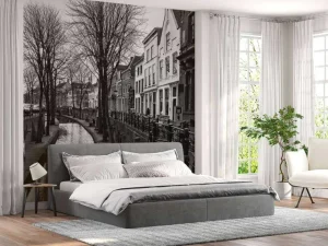 Hot Utrechtse gracht in zwart-wit fotobehang Architectuur