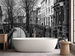 Hot Utrechtse gracht in zwart-wit fotobehang Architectuur