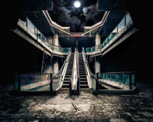 Sale Verlaten gebouw met roltrappen bij volle maan fotobehang 3d