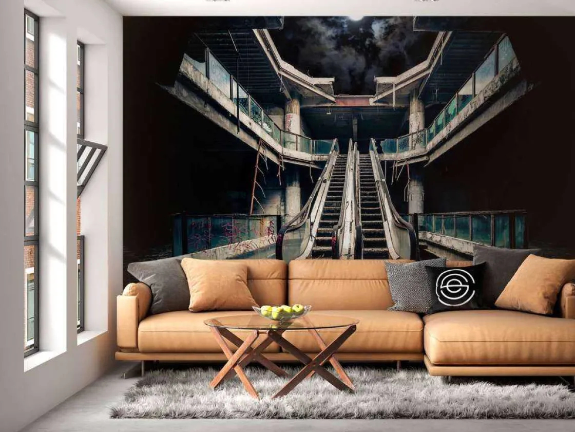 verlaten_gebouw_met_roltr_10.webp Sale Verlaten gebouw met roltrappen bij volle maan fotobehang 3d