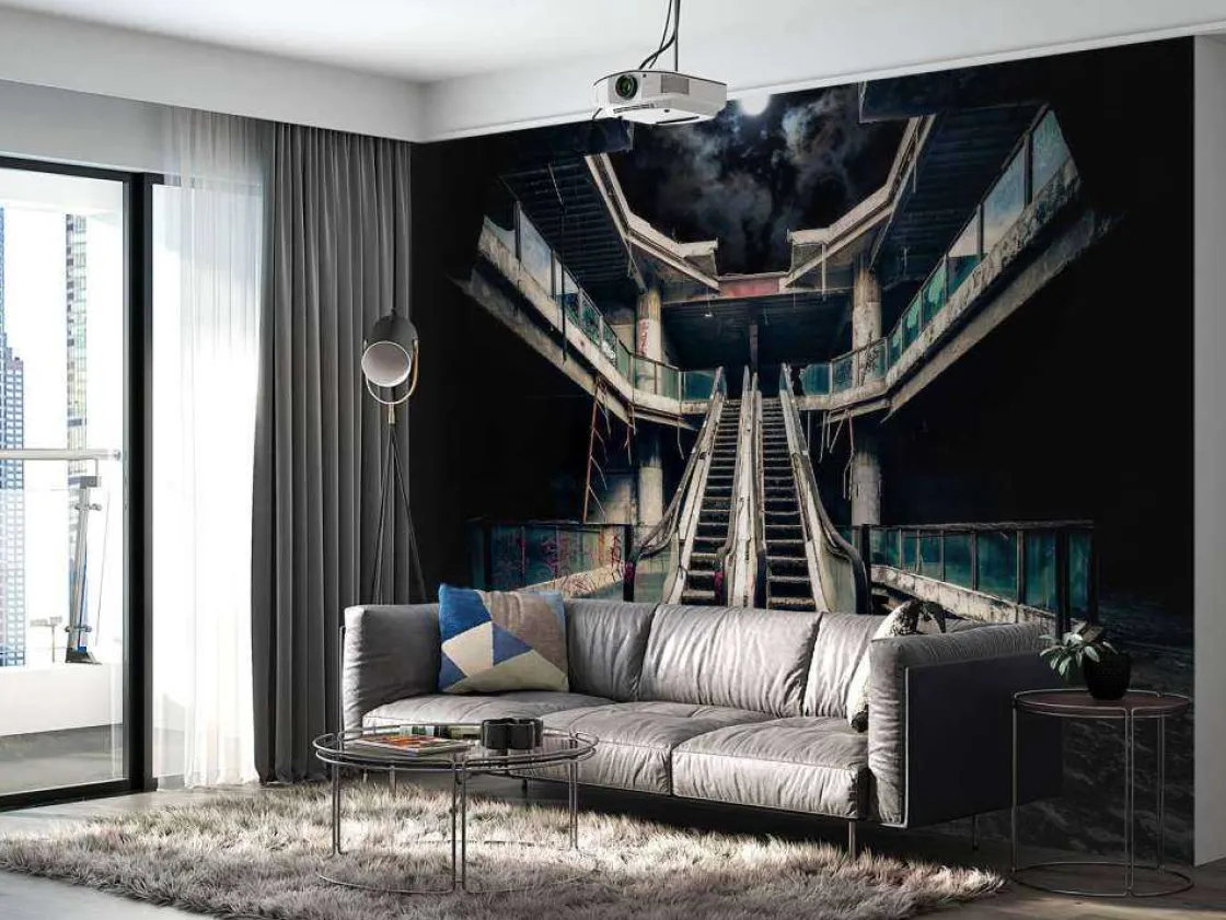 verlaten_gebouw_met_roltr_2.webp Sale Verlaten gebouw met roltrappen bij volle maan fotobehang 3d