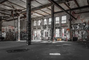 Outlet Verlaten pakhuis met graffiti fotobehang Architectuur | 3d