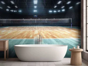 Discount Verlicht volleybalveld met een houten vloer fotobehang Tienerkamer