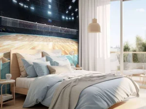 Discount Verlicht volleybalveld met een houten vloer fotobehang Tienerkamer