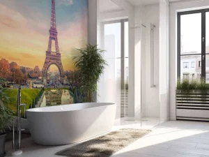 Discount Verlichte Eiffeltoren bij zonsondergang fotobehang Architectuur