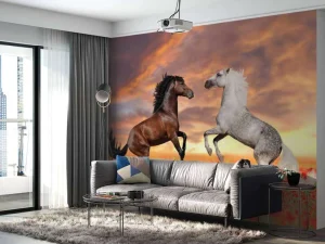 Fashion Verliefde paarden in een bloemenveld fotobehang Kinderkamer | Bloemen