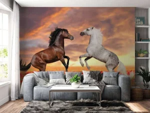 Fashion Verliefde paarden in een bloemenveld fotobehang Kinderkamer | Bloemen