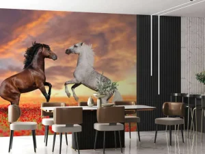 Fashion Verliefde paarden in een bloemenveld fotobehang Kinderkamer | Bloemen